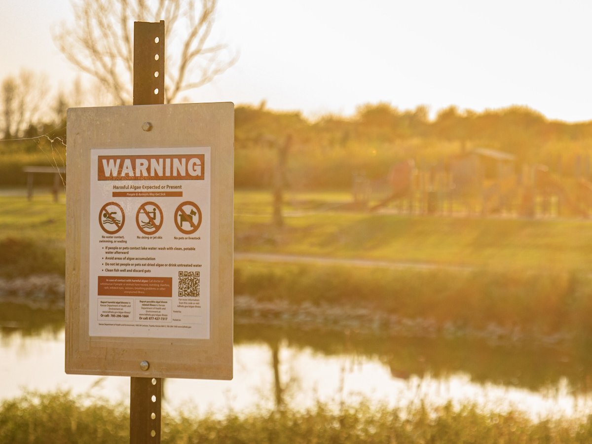 A sign posted at Fort Riley Marina on Milford Lake warns of the possibility of toxic algal blooms that can be harmful to humans and pets. The area is currently under a “warning” recommendation from the KDHE. Zach Bauman/The Beacon