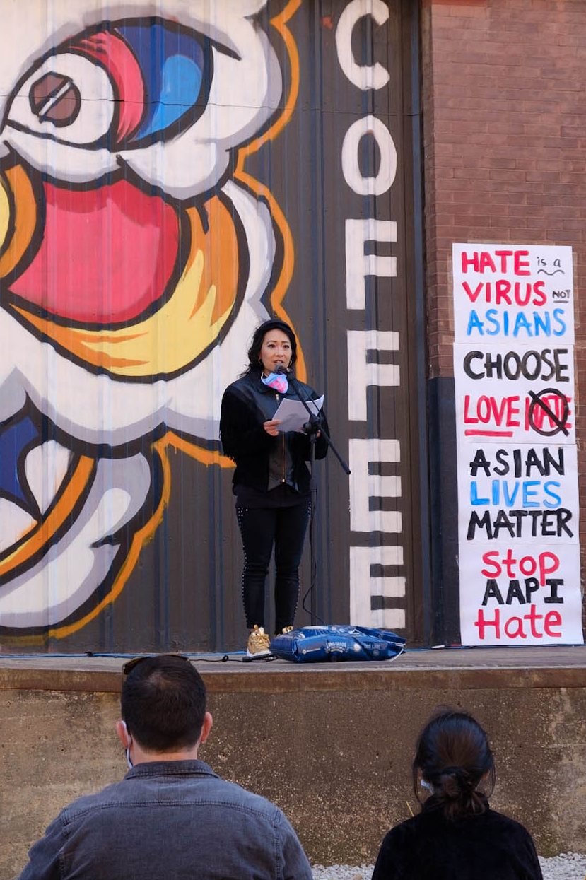 Jackie Nguyen, owner of Vietnamese coffee shop Cafe Cà Phê, spoke about the racism she's experienced as a first generation Vietnamese American during the Stop Asian Hate vigil. (Dominick Williams/The Beacon)