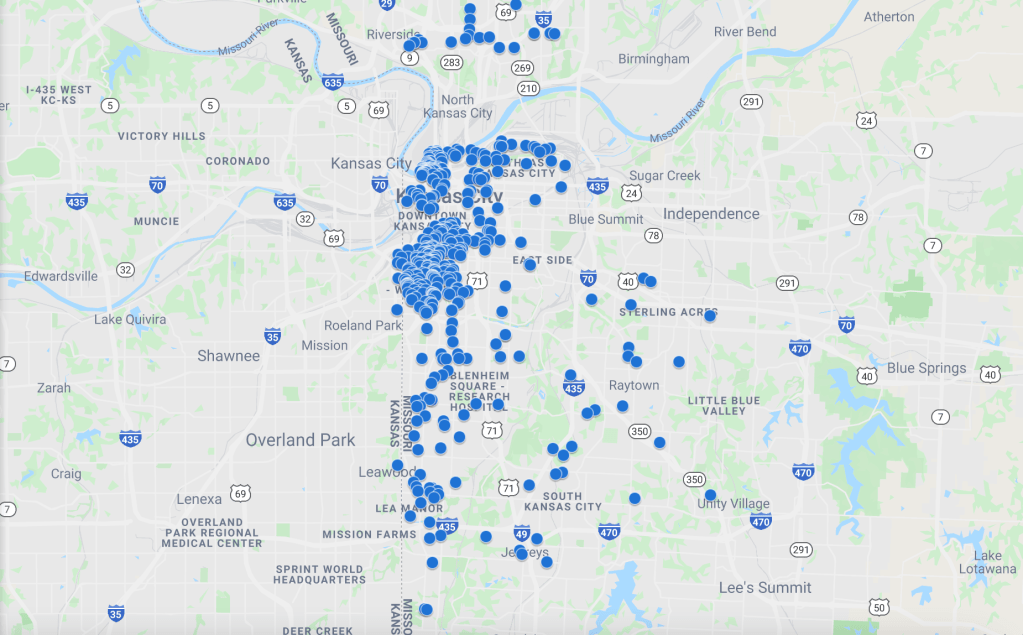 This map shows the apartment buildings in Kansas City, Missouri that are equipped with Google Fiber internet.