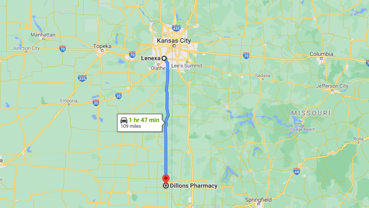 A Google Maps visualization displays the 109 mile, 1 hour and 47 minute drive taken by one Kansas City resident to get the COVID vaccine.