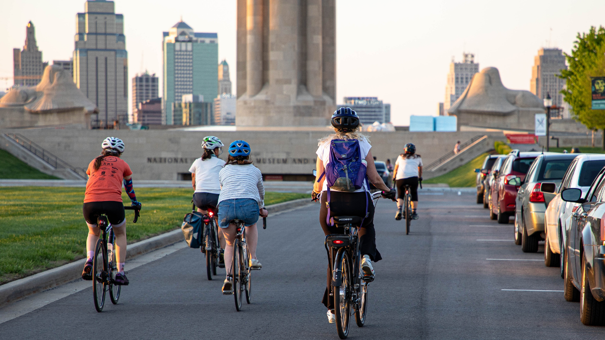 Girl Bike Gang KC finishes their Thursday night bike ride to the National World War I Museum and Memorial in downtown Kansas City on April 29.