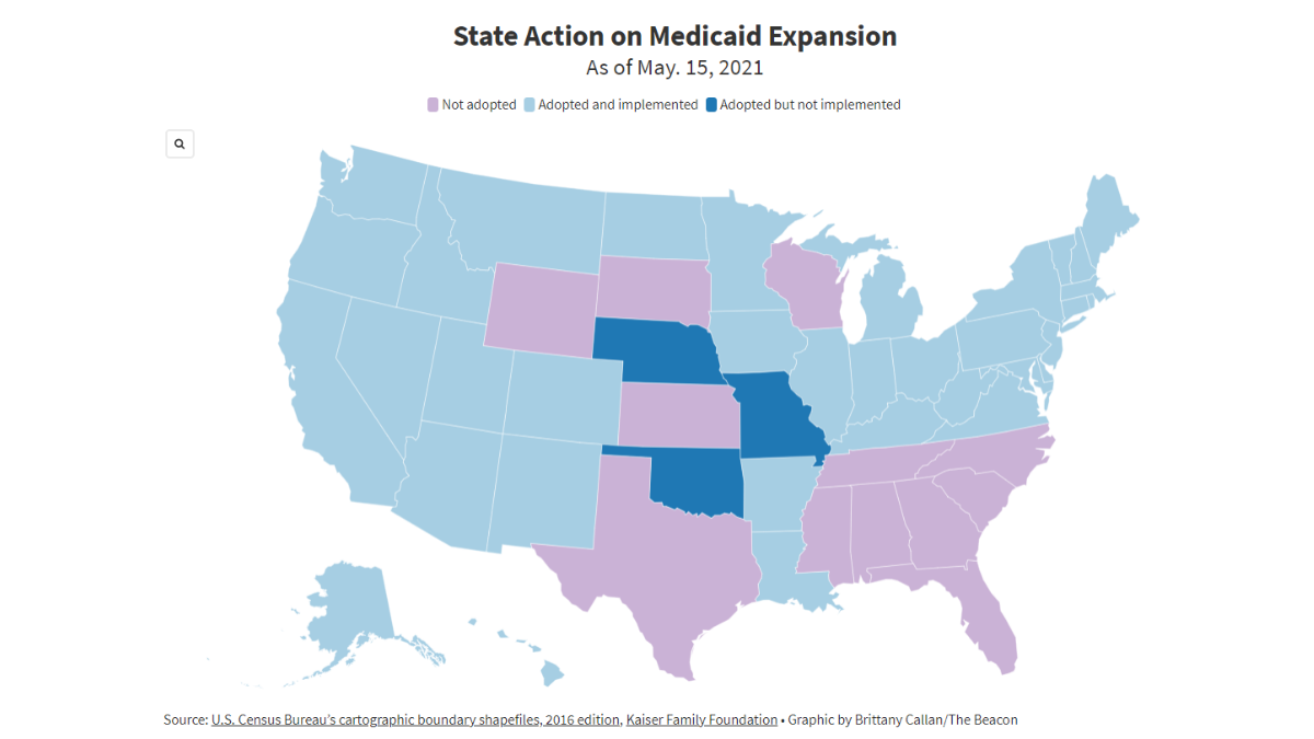 A map shows each state's current action on Medicaid expansion.