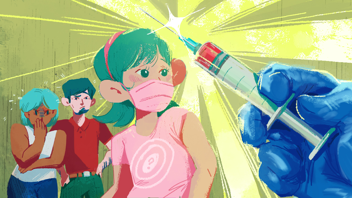 A photo illustration shows a child and parents looking at a syringe.