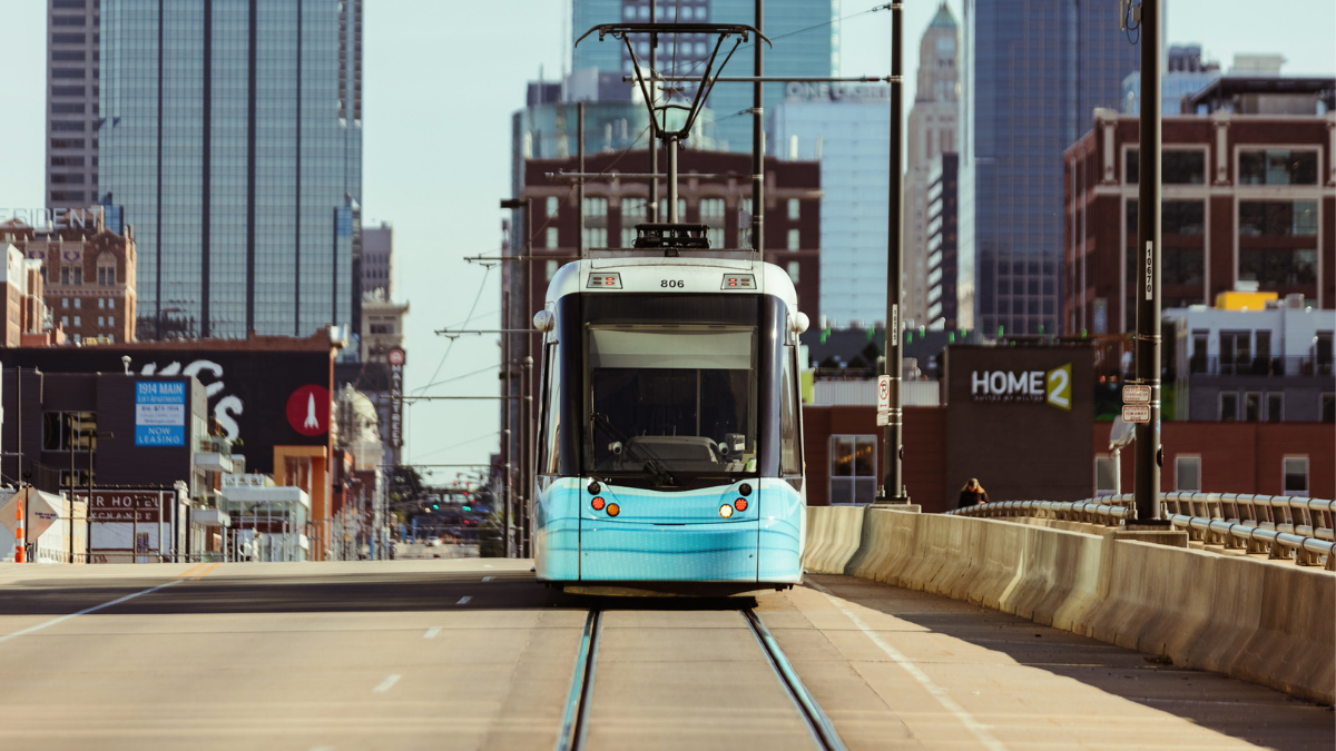 A KC Streetcar travels north into downtown from Union Station.