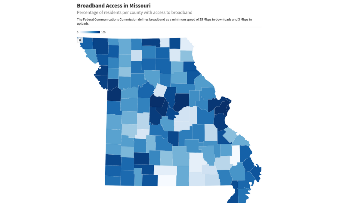 A map showing broadband coverage in Missouri counties.