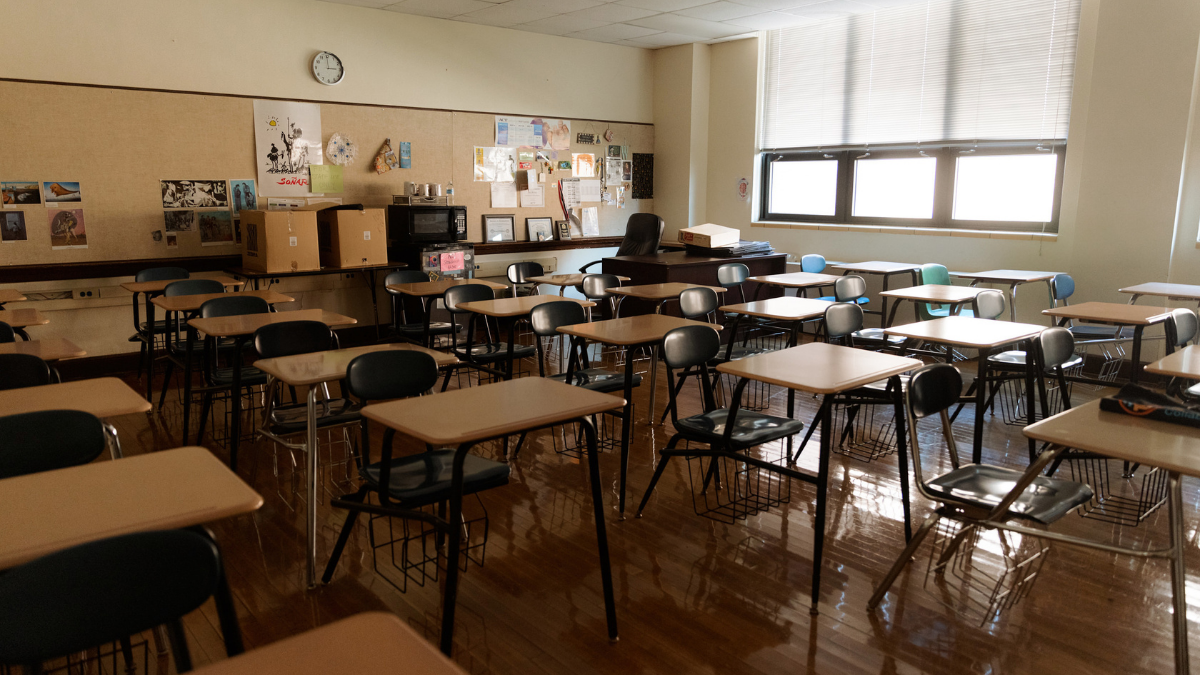 An empty classroom at Sumner Academy of Arts and Science is pictured July 29, 2021, in Kansas City, Kansas. Kansas City, Kansas Public Schools has a program called Enough is Enough with the goal of preventing student violence and deaths. (Chase Castor/The Beacon)