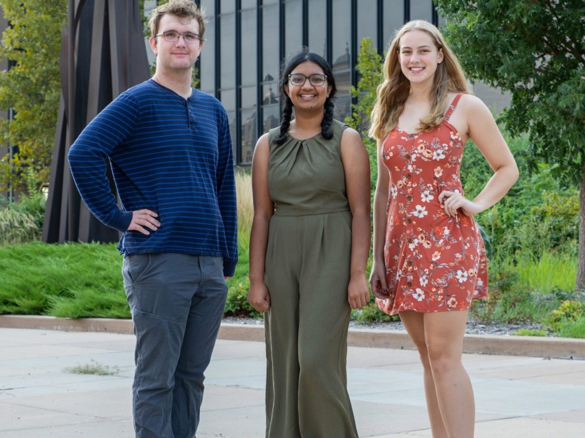 Youth climate activists Jarod Hudson, Anjali Singh and Marissa Rapp stand outside city hall. They called on Wichita’s new sustainability board to include a diverse membership. (Alex Unruh/The Beacon)