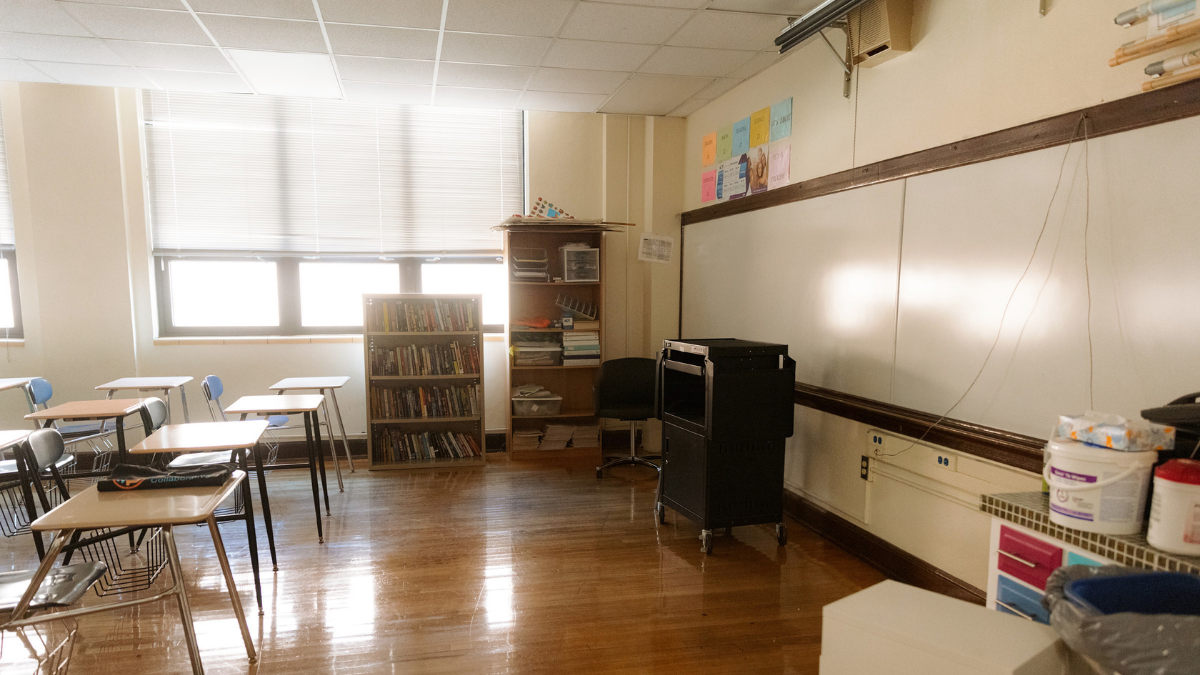 An empty classroom at Sumner Academy of Arts and Science on July 29, 2021, in Kansas City, Kansas.