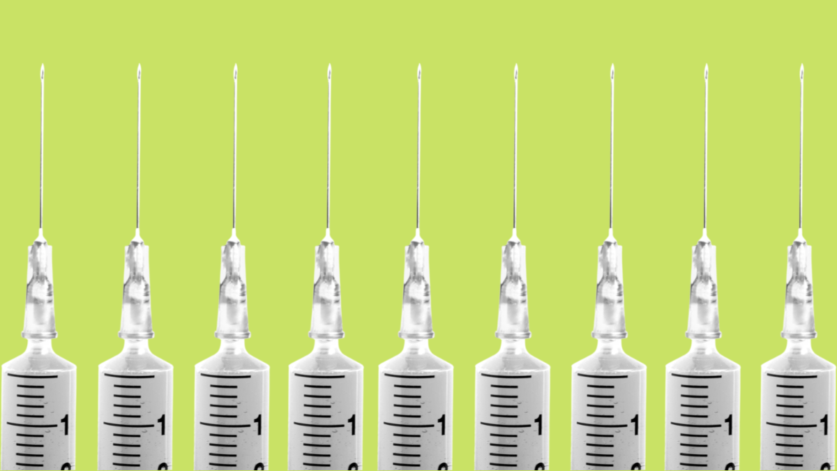 A row of nine needles over a lime green backdrop.