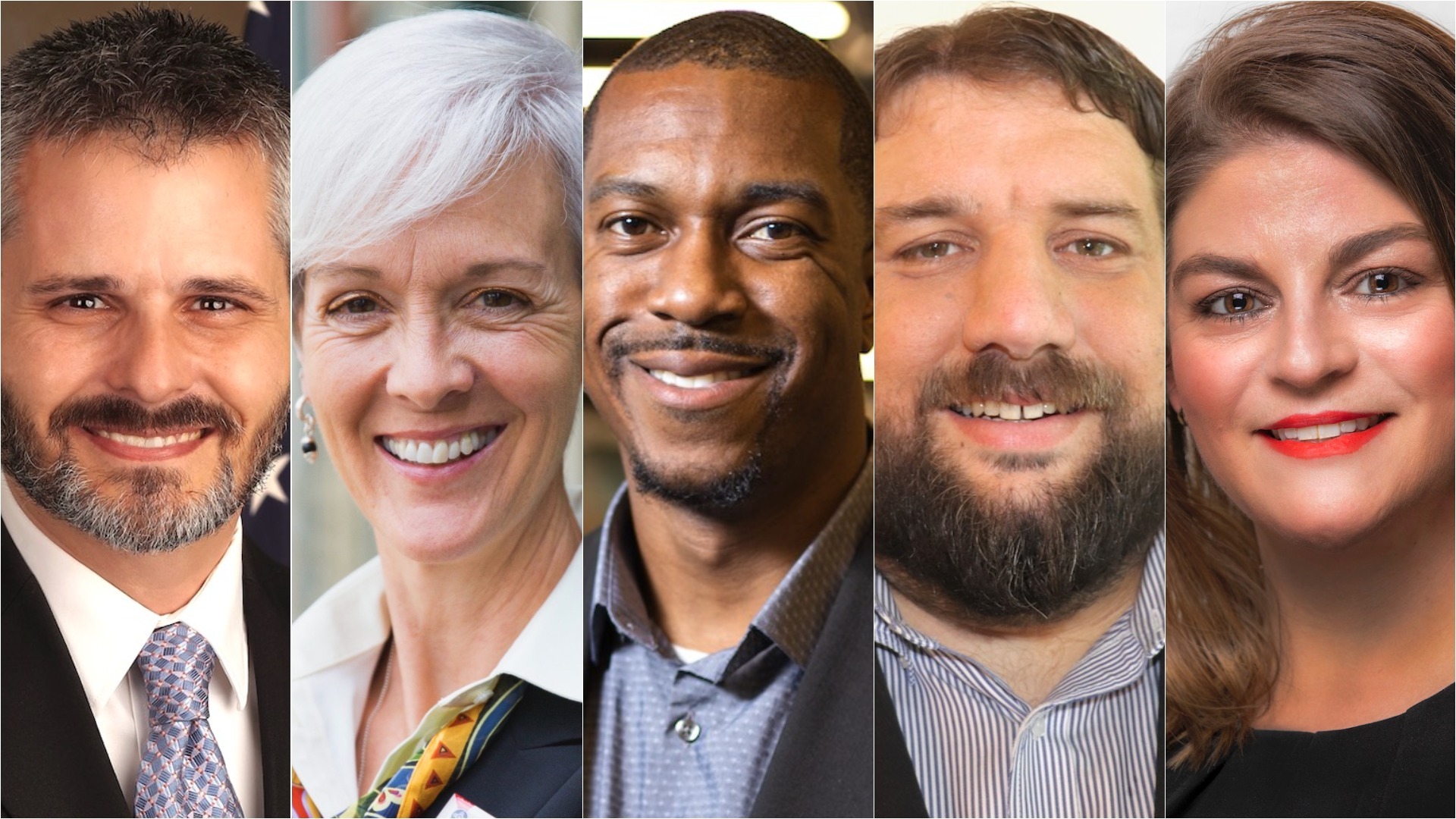 Wichita City Council candidates (from left) Jared Cerullo, Cindy Claycomb, Brandon Johnson, Mike Hoheisel and Maggie Ballard. (Photos provided courtesy of candidates)