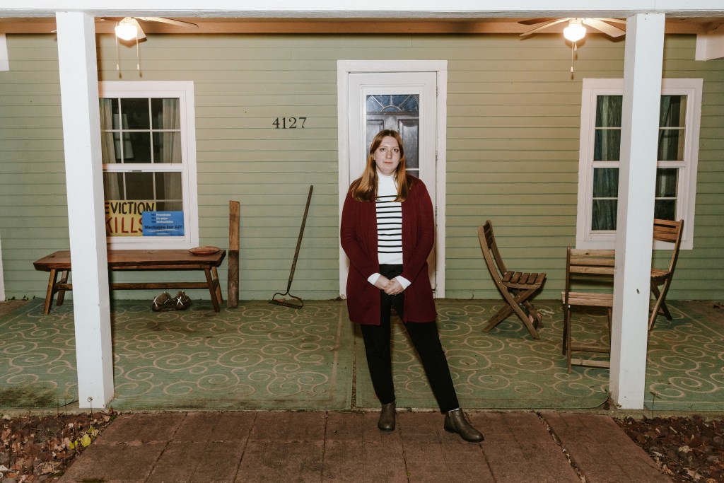 Madison Hays in front of her home in Kansas City's northland.