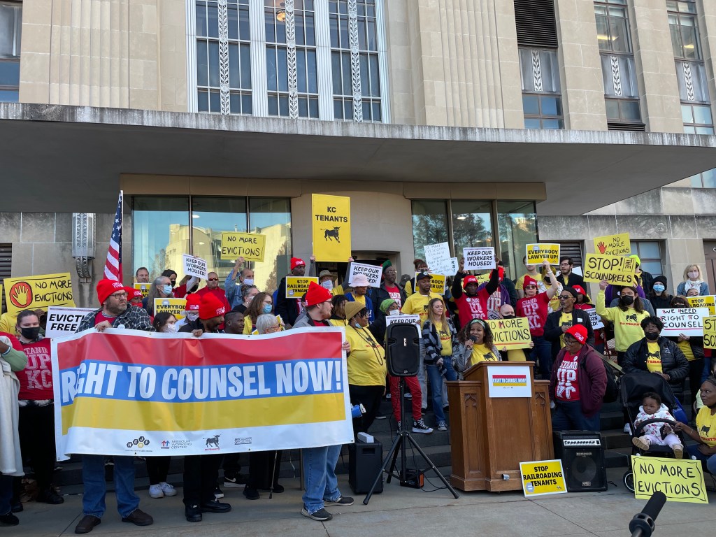 Members of KC Tenants, Stand Up KC and the Missouri Workers Center rallied in front of City Hall to announce their campaign to pass a right to counsel policy in Kansas City.