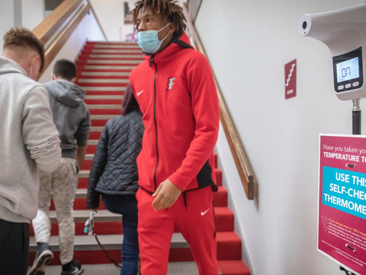 A temperature screening kiosk greets students entering the Casado Campus Center at Friends University as they return for the first day of the spring semester Monday. (Fernando Salazar/The Beacon)