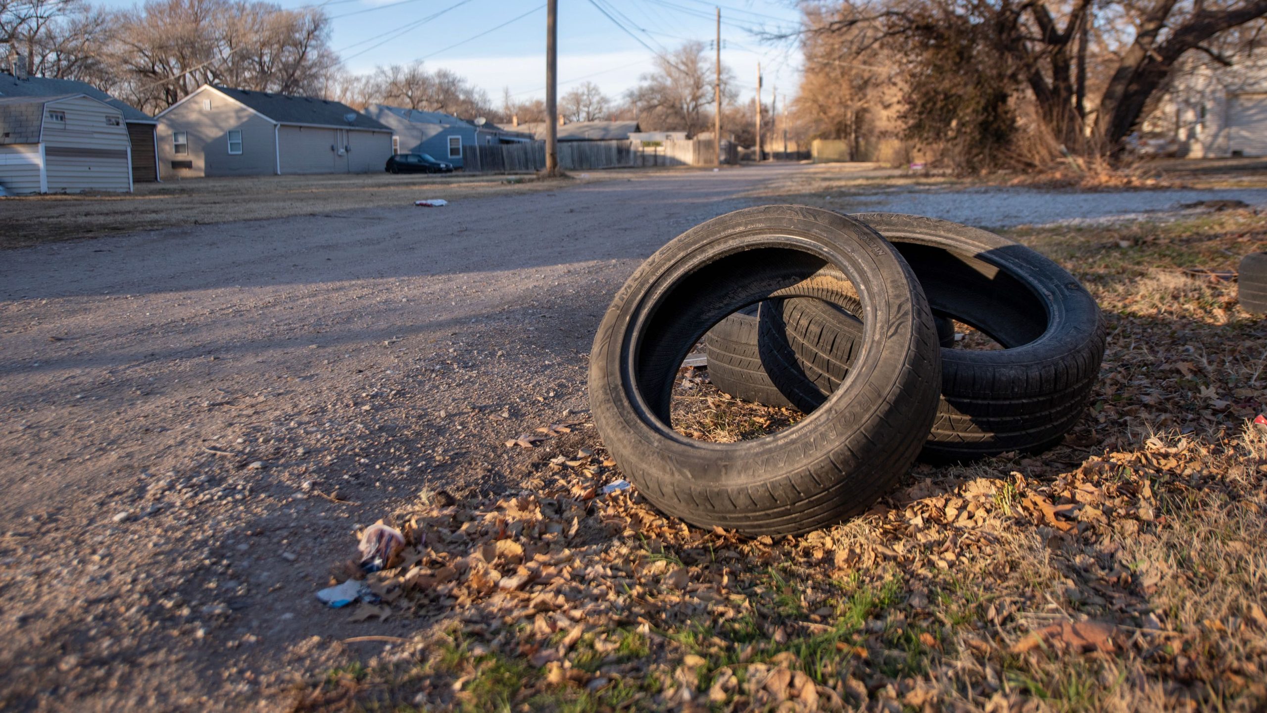 Tires on the side of a street in Wichita