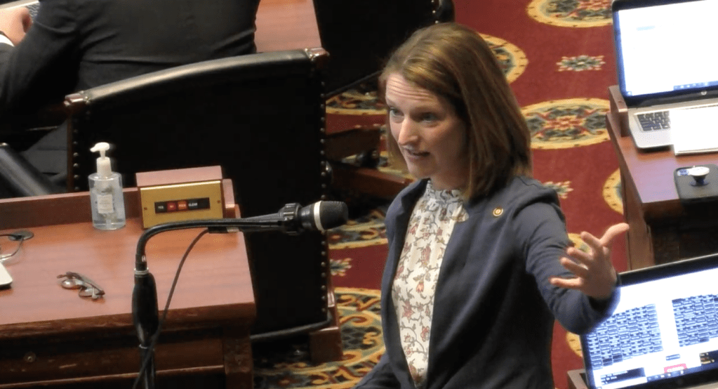 Missouri Rep. Maggie Nurrenbern, a Democrat from Kansas City, speaks about COVID relief for schools during a debate on a supplemental budget bill Feb. 9 at the Missouri State Capitol in Jefferson City.