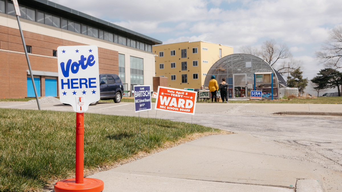 Candidate signs are placed near the North Kansas City YMCA, a polling place in the North Kansas City Schools district, on Election Day, April 5.