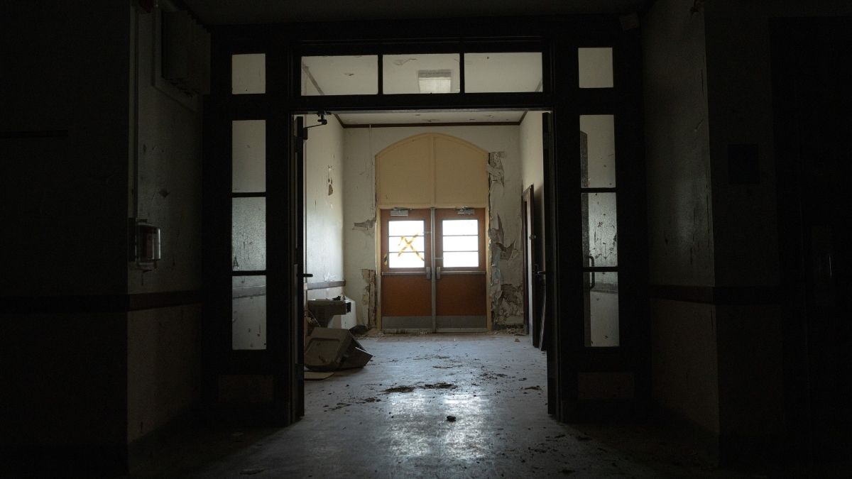 An entrance to the closed Askew Elementary School is pictured during a building tour July 1. Kansas City Public Schools is accepting bids from prospective buyers on a first-come, first-served basis.