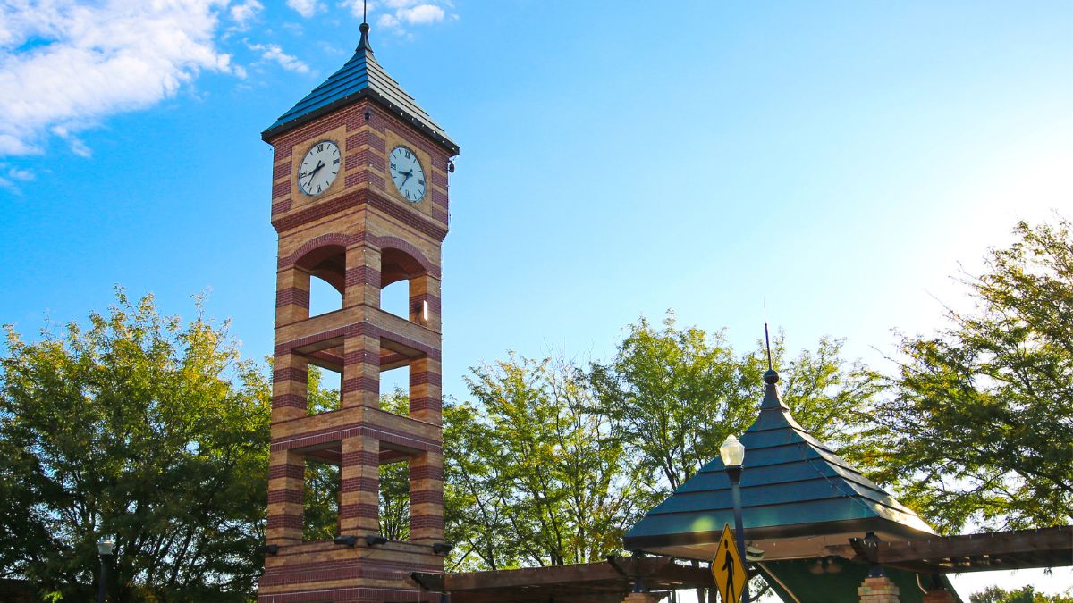 The Clock Tower Plaza in Overland Park, Kansas, against a blue sky for a story about the Johnson County election
