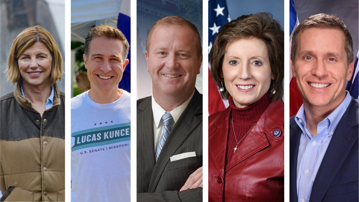 From left to right, Democrats Trudy Busch Valentine and Lucas Kunce, followed by Republicans Eric Schmitt, Vicky Hartzler and Eric Greitens.