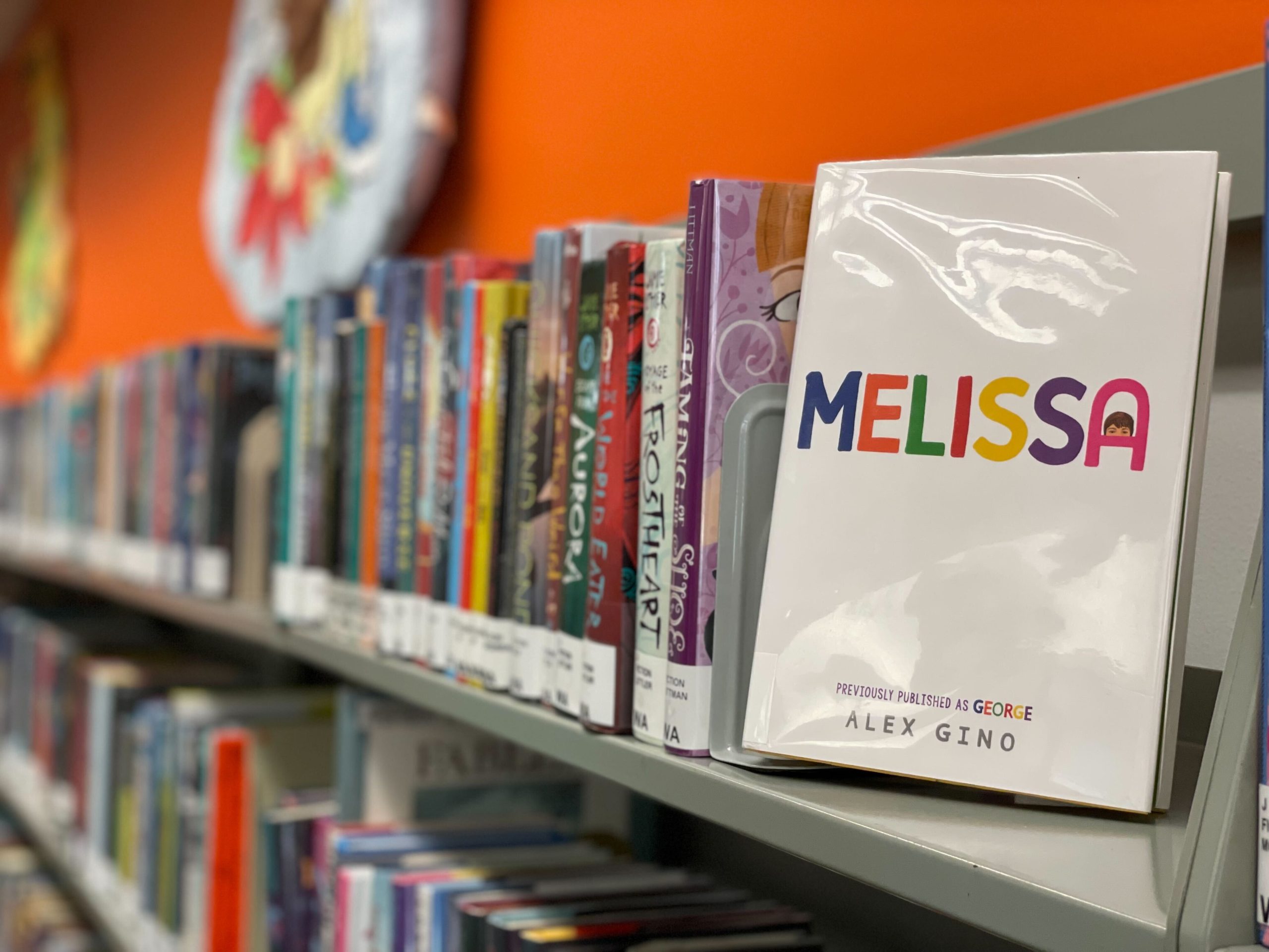 A book labeled "Melissa" sits at the end of a library shelf full of books