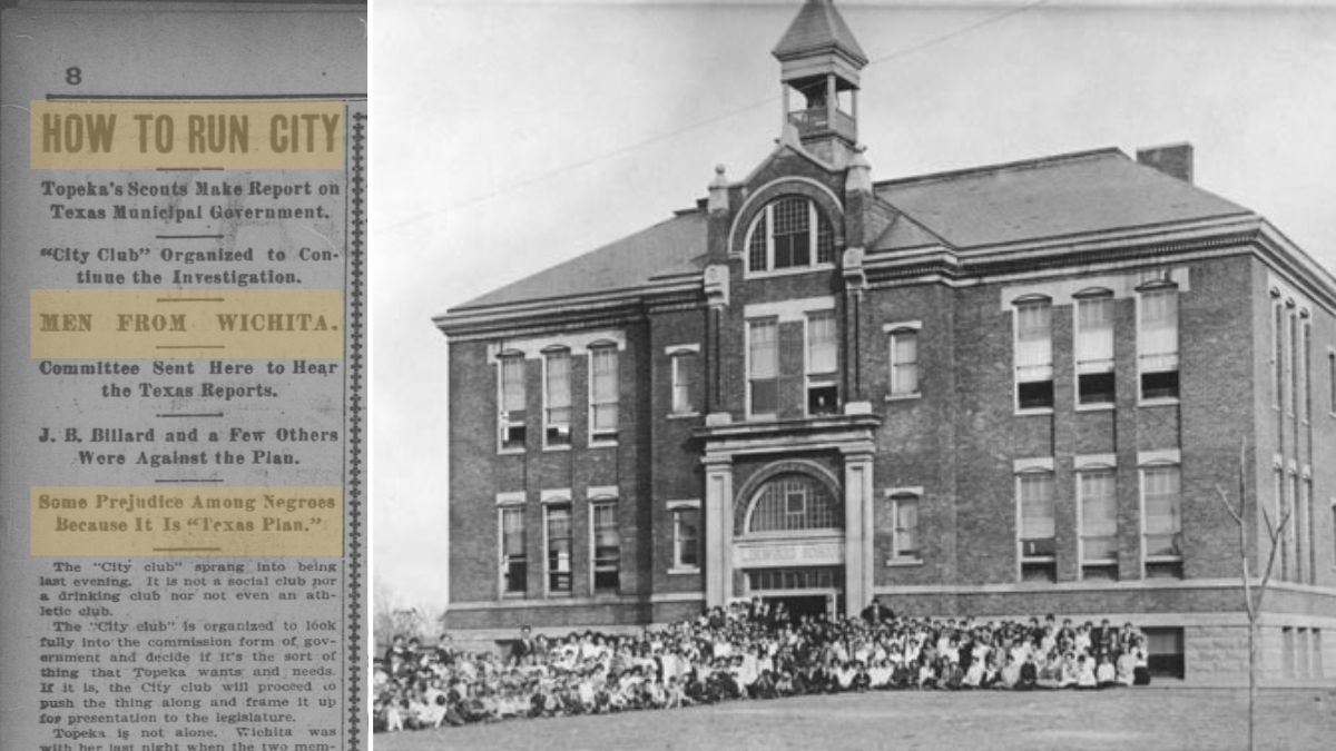 A paper that reads "How to run city," "Men from Wichita," and "Some prejudice from negros because it is Texas Plan." Then an image of an old school building.