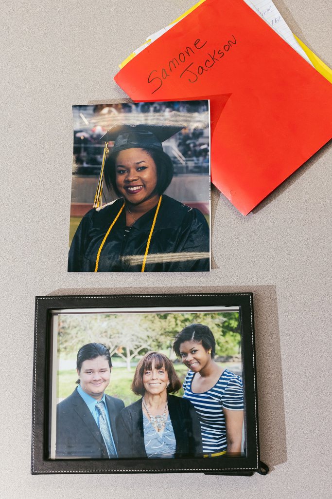 A portrait of Samone Jackson graduating high school and a portrait of Jackson with Stovall and another family member.