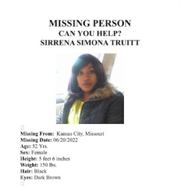 A missing persons flyer for Sirrena Truitt created by Alois Johnson. The flyer includes Truitt's photo, description, and other important information.
