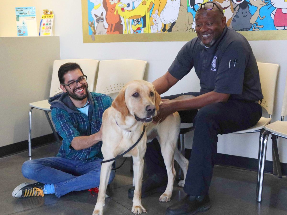 Two men sitting and petting a large dog.