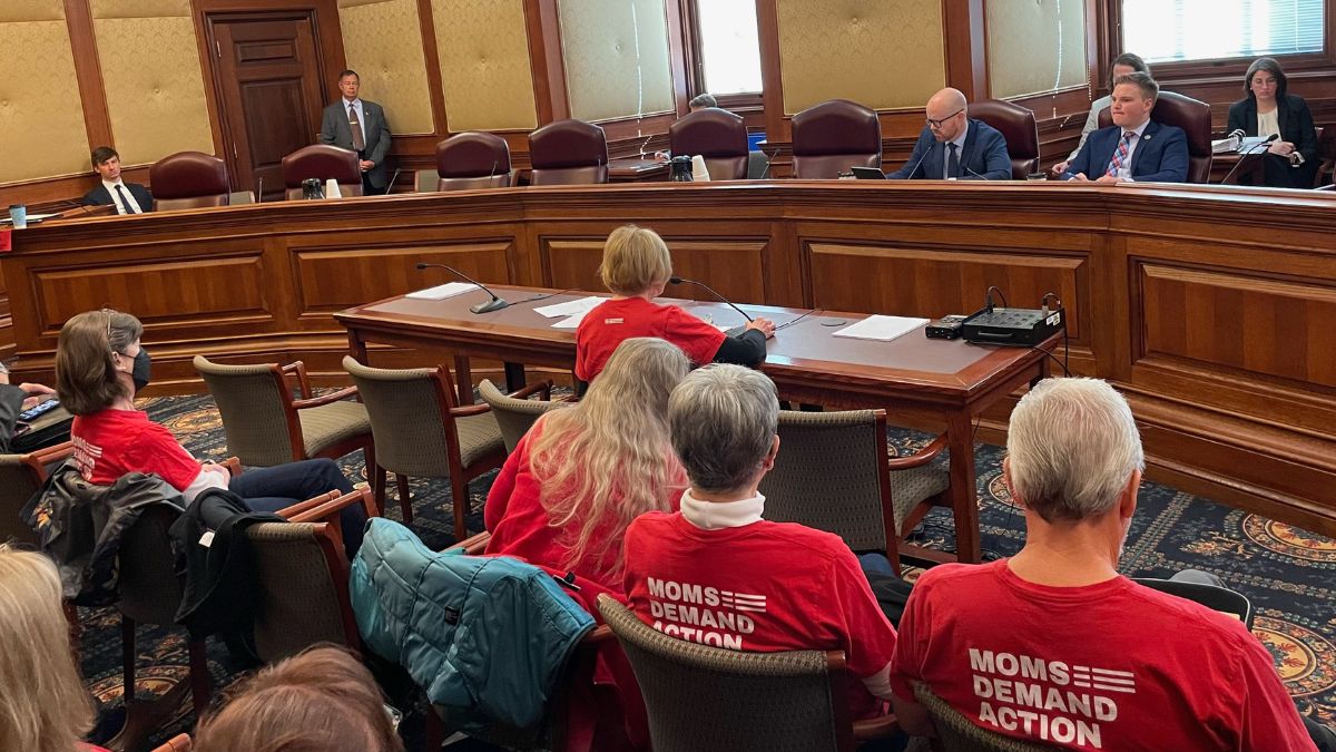 Moms Demand Action volunteers wear red shirts to testify to a nearly-empty Senate committee in the Missouri General Assembly in 2023.