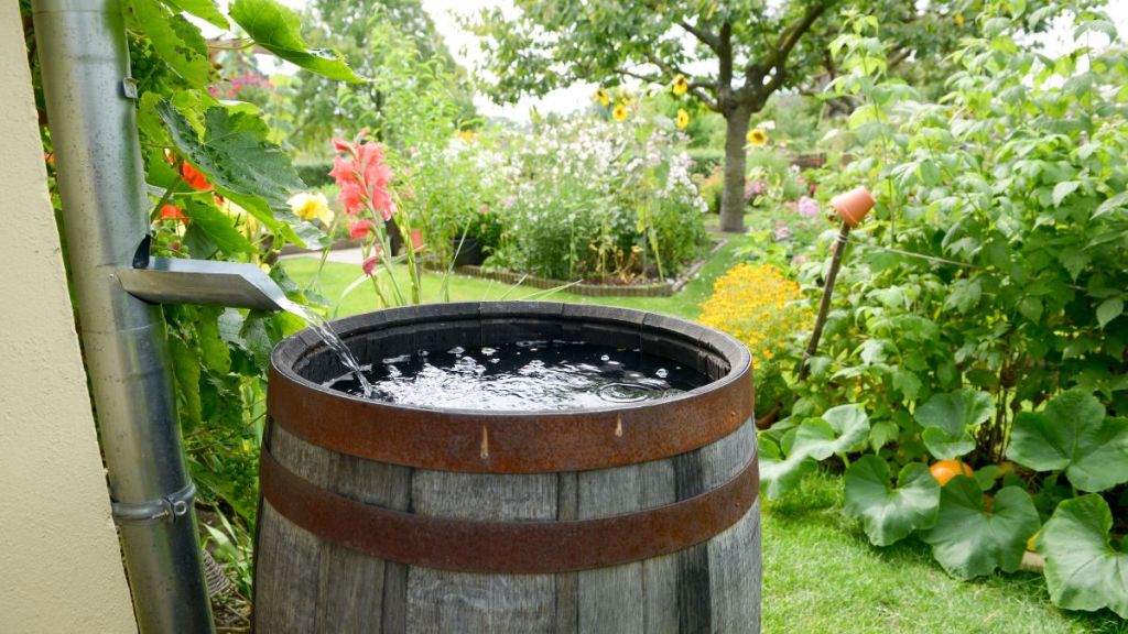 A barrel filling with water from a storm drainage pipe on the side of a building.