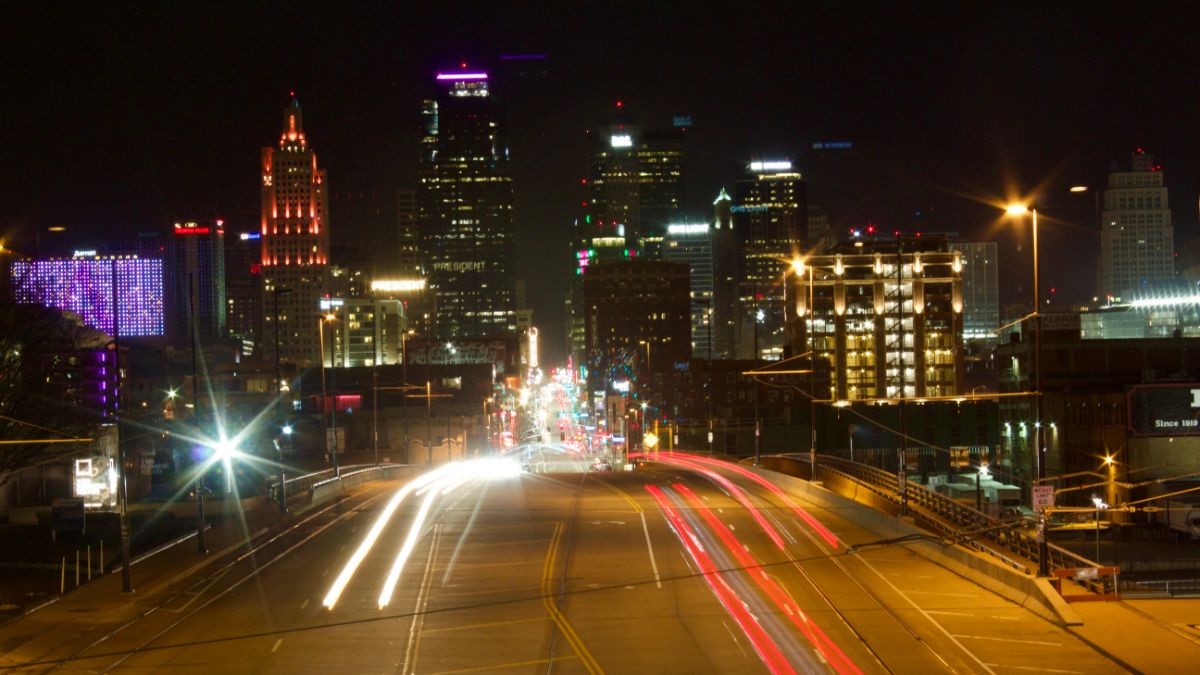 A nighttime photo of the Kansas City skyline