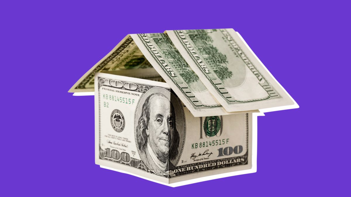 An illustration of a house made of $100 bills, against a purple background.