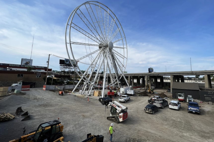 A Ferris wheel under construction.