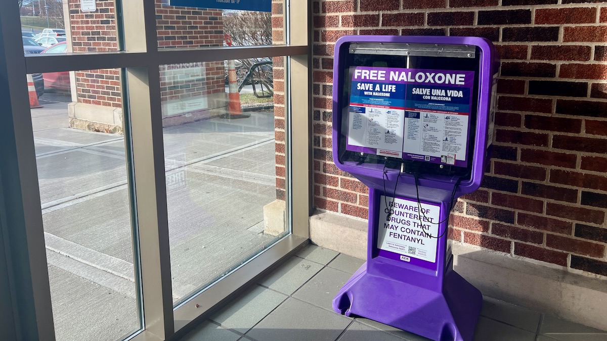 A Narcan dispensing box located just inside the front door of the Kansas City Health Department.