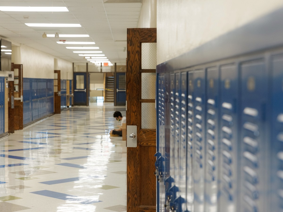 A photo of an empty school hallway