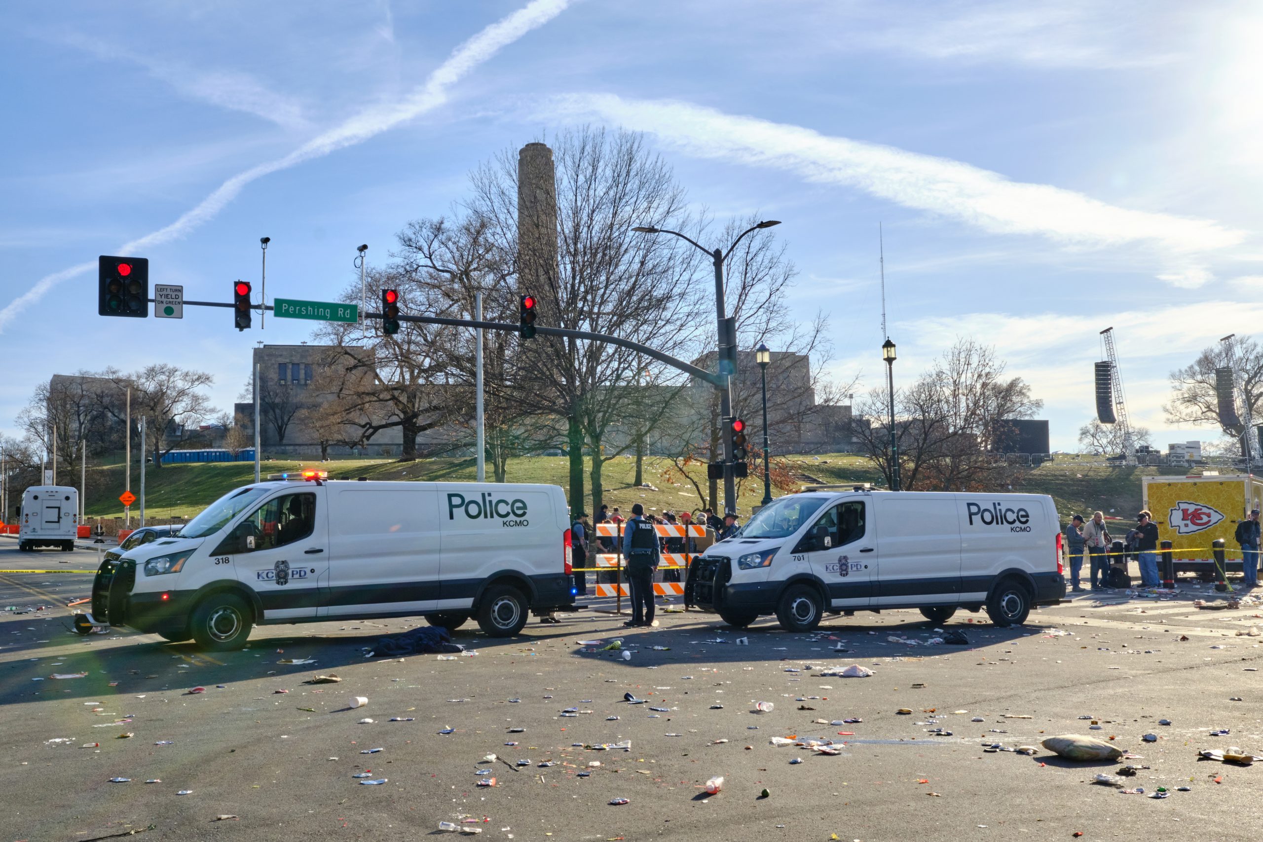 Two police vans outside the site of the shooting at the Chiefs rally in Kansas City.