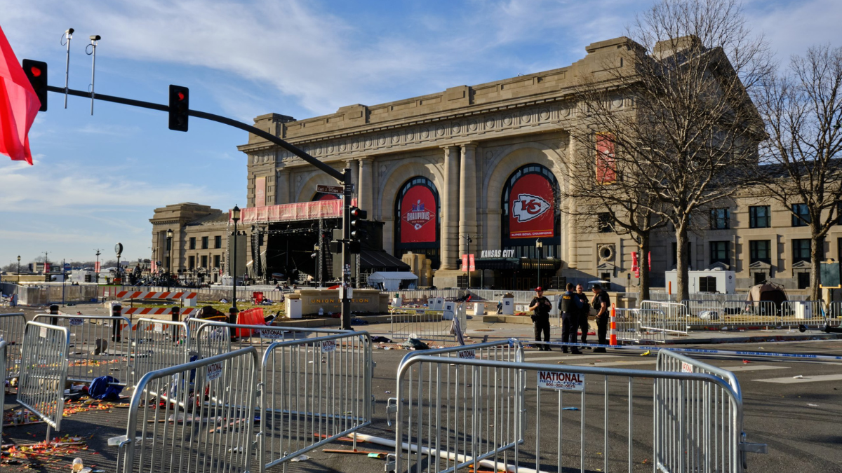 Crowd partitions and debris left outside Union Station after Wednesday's parade, rally and shooting.
