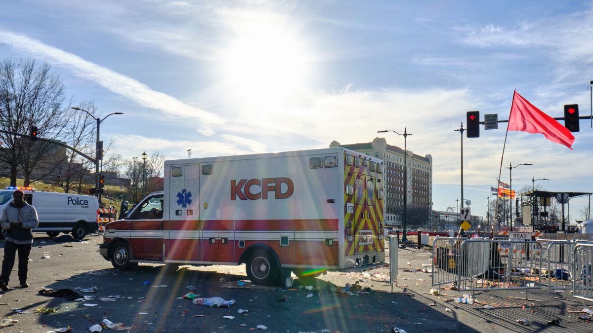 Emergency response vehicles are pictured following a fatal shooting at Kansas City's celebratory Super Bowl parade. Missouri gun laws on display after fatal Super Bowl parade shooting.