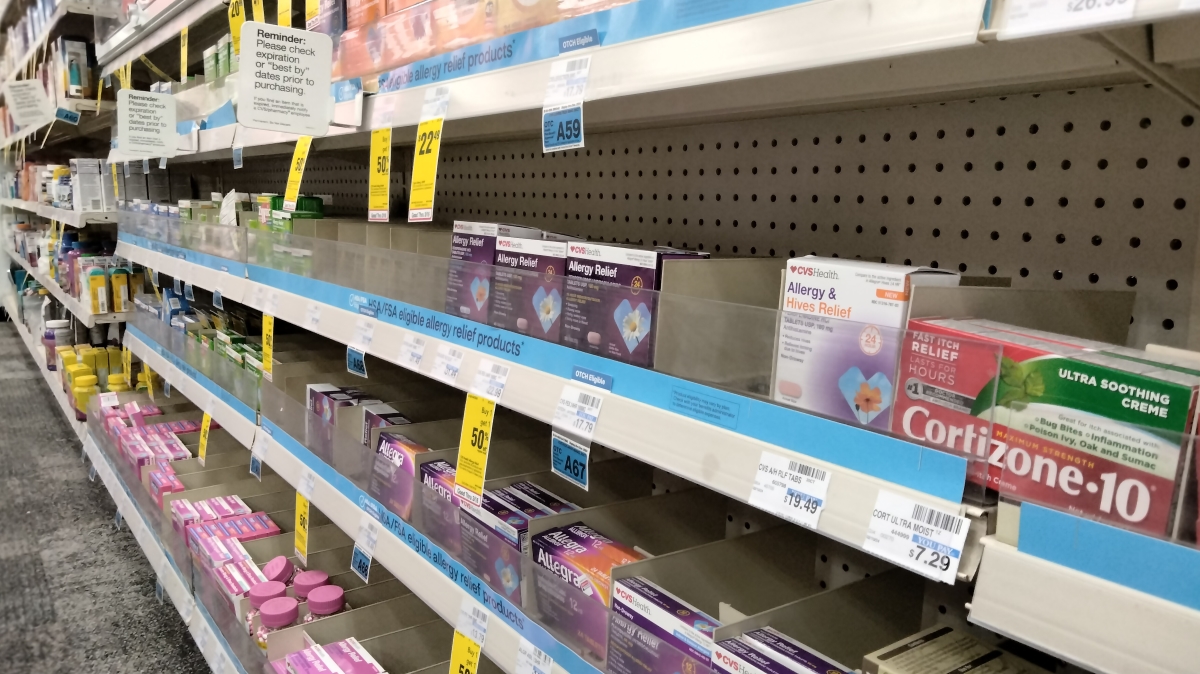 Medications for allergies on a store shelf