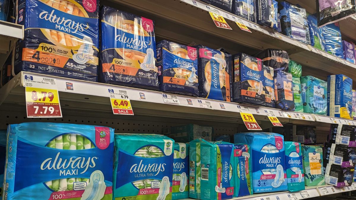 A photo of period products in the grocery store