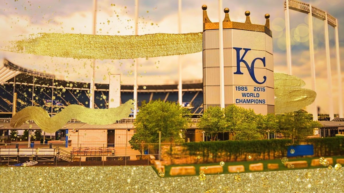 A photo of Kauffman stadium, edited so the stadium has gold lining and glitter