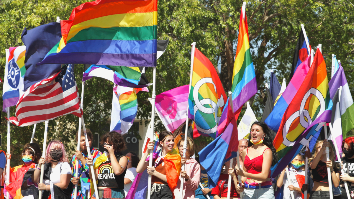 A photo of people holding pride flags at a parade