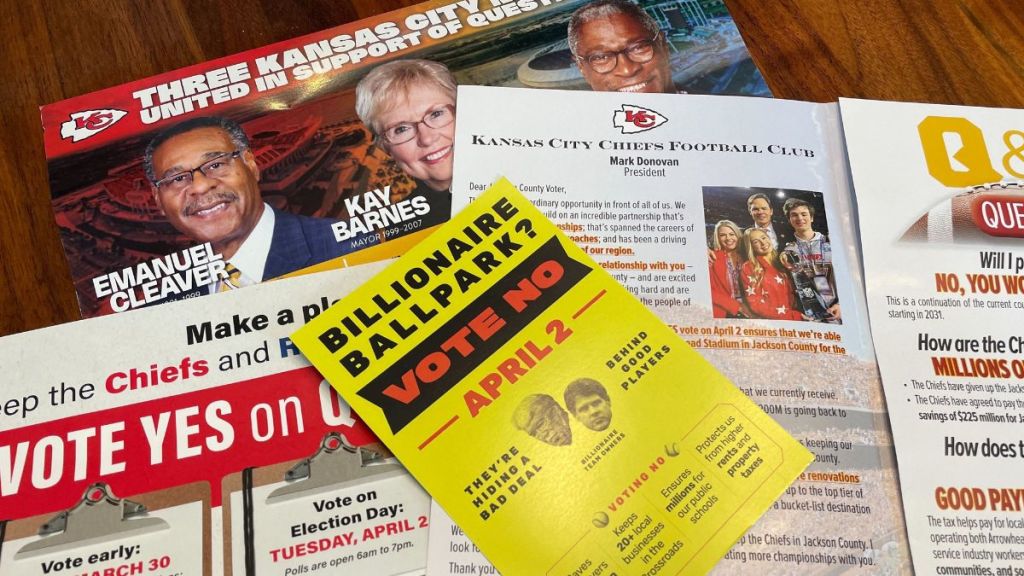 Mailers sent to voters by those in support and opposition to a new stadium tax in Jackson County.