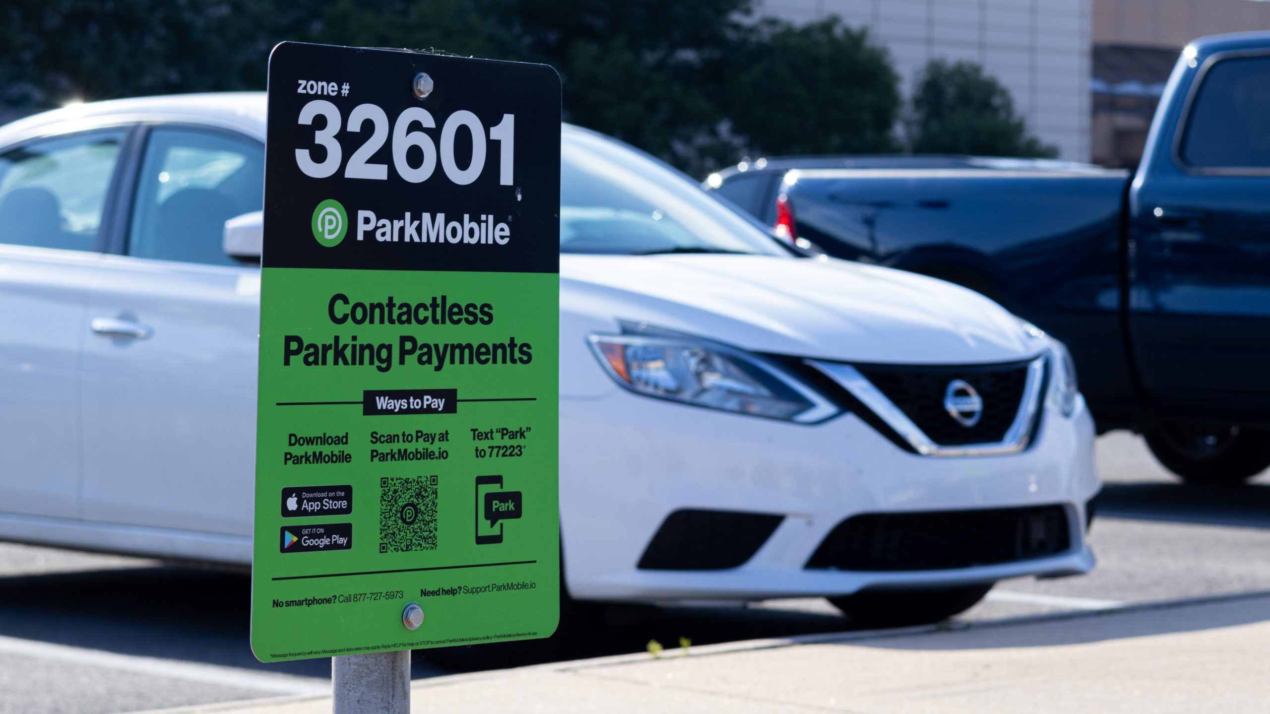 A ParkMobile sign out front of Century II.