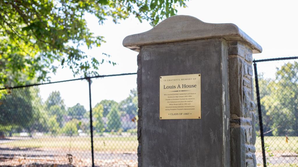 A monument on the grounds of Southwest High School