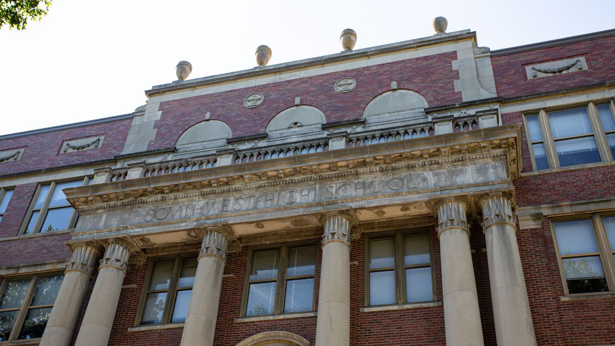The front of Southwest High School, which could reopen as a middle school as part of the KCPS bond plan.