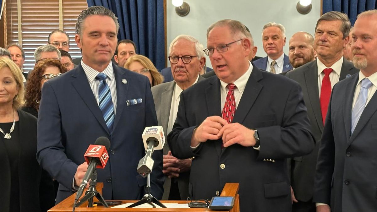 Senate President Ty Masterson and Dan Hawkins at a press conference. SB 63 will likely head to Gov. Laura Kelly’s desk where she is expected to veto it. Banning the medical care was a top priority for Republicans.