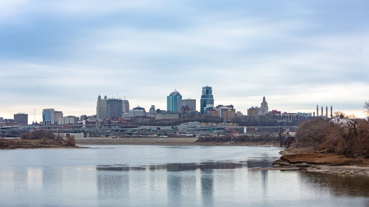 Kansas City's downtown skyline as viewed from across the state line from the Kansas River.