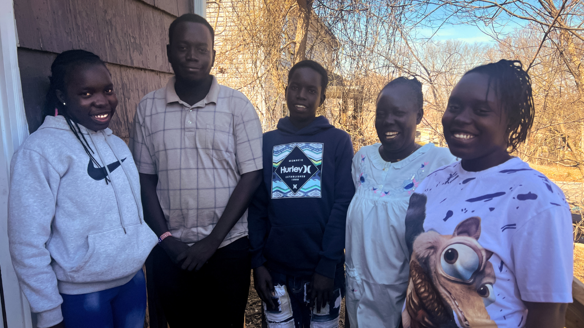 Grace Paul, second from the right, with her children Esther, 18, Simon, 27, Seme, 15, and Lydia, 20. They are refugees from South Sudan.