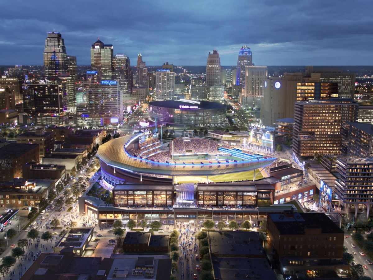 Rendering of a proposed Kansas City Royals ballpark in the Crossroads area of downtown.